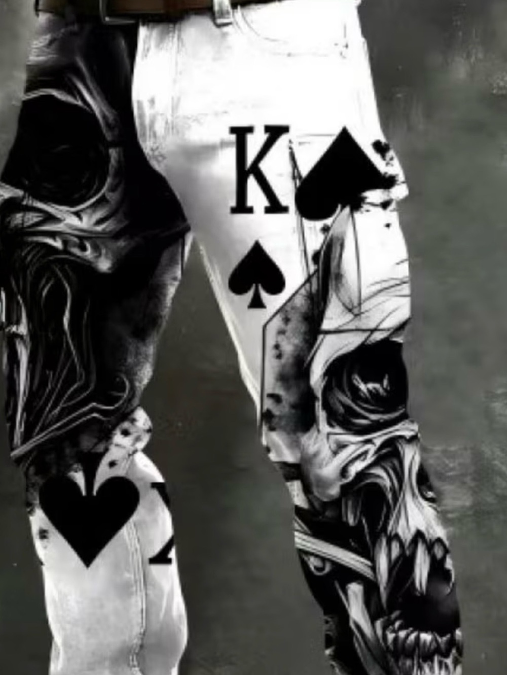 Graphic King of Spades Tattoo Print Jeans - Black & White